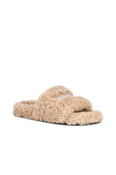 Balenciaga Furry Logo-embroidered Faux Shearling Slides In Beige