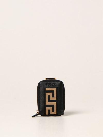 Shop Versace Leather Airpod Case With Shoulder Strap In Black