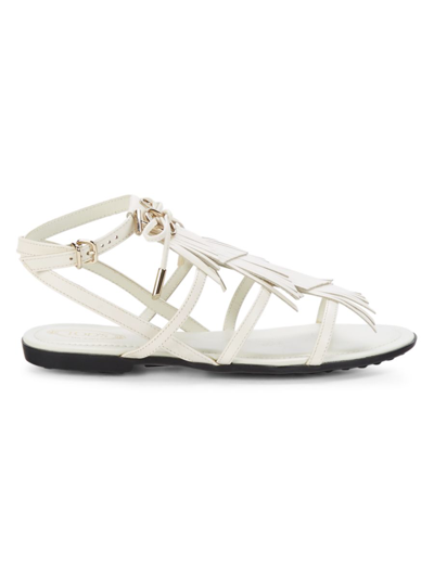 Shop Tod's Women's Women's Fringed Leather Flat Sandals In Bianco