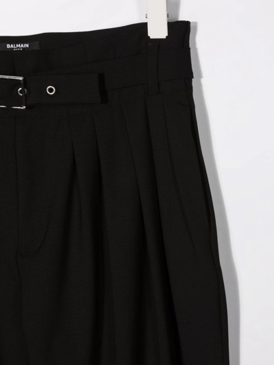 Balmain Teen Box Pleat Belted Trousers In Black
