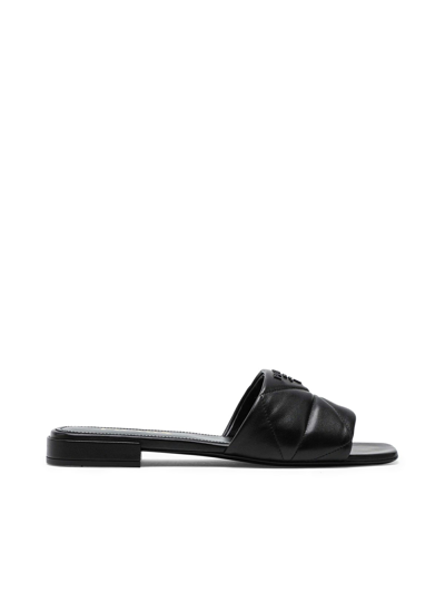 Shop Prada Black Matelassé Leather Low Sandals With Logo Plaque