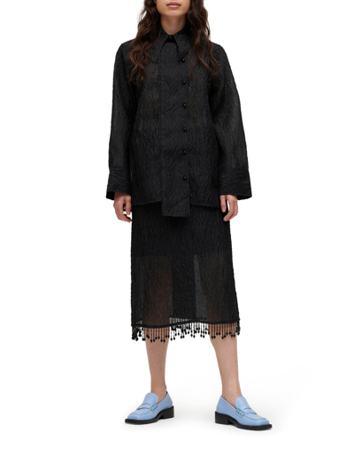 Shop Ganni Jacquard Organza High Waist Fringe Midi Skirt In Black