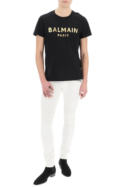 Shop Balmain Gold-tone Logo Print T-shirt In Black