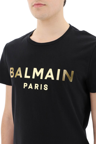 Shop Balmain Gold-tone Logo Print T-shirt In Black