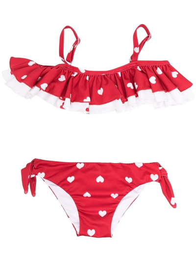 Shop Monnalisa Heart-print Ruffled Bikini In Red