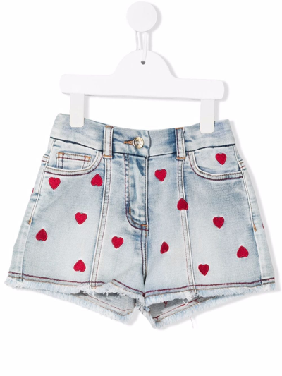 Shop Monnalisa Heart-motif Embroidered Denim Shorts In Blue