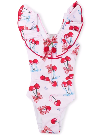Shop Monnalisa Cherry-print Ruffled Swimsuit In Pink