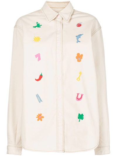 Shop Mira Mikati Lucky-charm Embroidered Denim Shirt In Brown