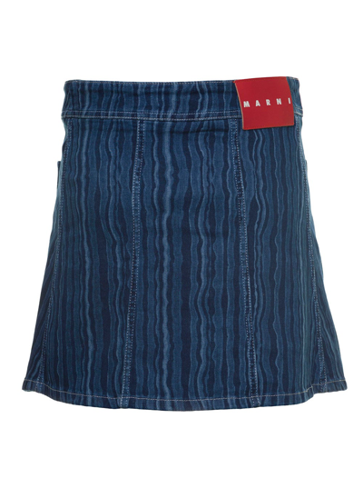 Shop Marni Striped Denim A-line Skirt In Blu