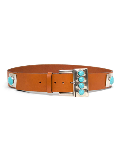 Shop Etro Brown Leather Belt With Light Blue Studs  Woman