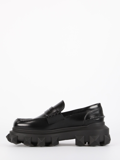 Shop Valentino Trackstud Loafers In Black