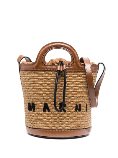 Shop Marni Tropicalia Logo-embroidered Bucket Bag In Braun