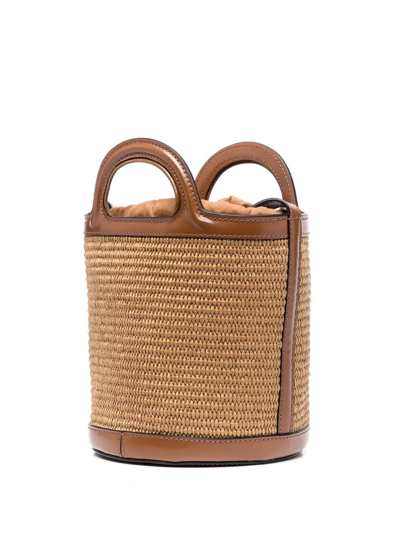 Marni Light Brown Woven Fabric And Leather Bag With Circular Handles In Braun