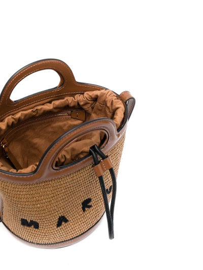 Marni Light Brown Woven Fabric And Leather Bag With Circular Handles In Braun