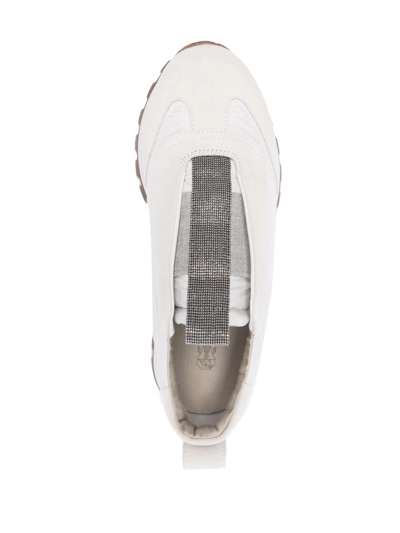 Brunello Cucinelli Women Slip On Sneakers In Leather And Fabric In Neutral