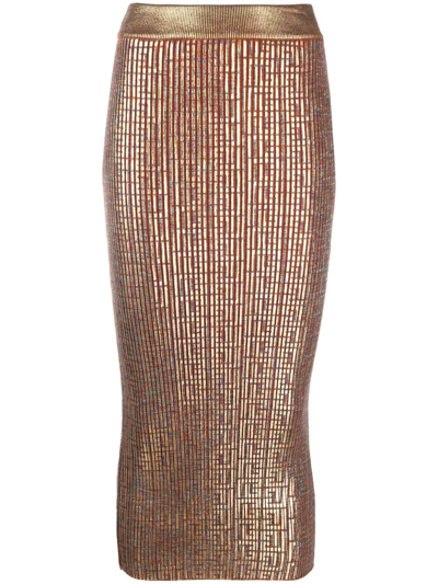 Shop Balmain Embroidered Midi Skirt In Gold