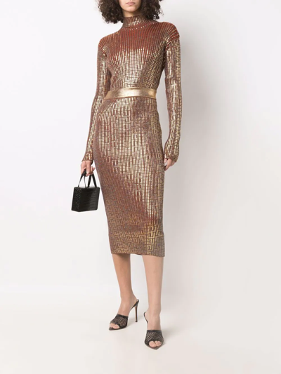 Shop Balmain Embroidered Midi Skirt In Gold