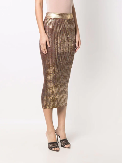 Shop Balmain Embroidered Midi Skirt In Gold