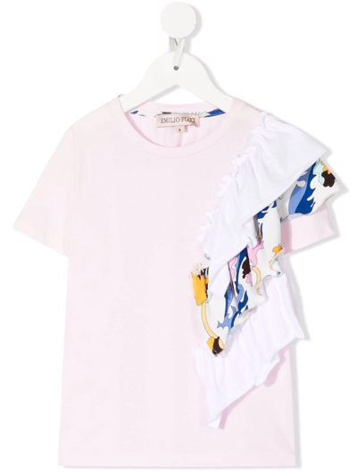 Shop Emilio Pucci Junior Ruffled-detail Cotton T-shirt In Pink