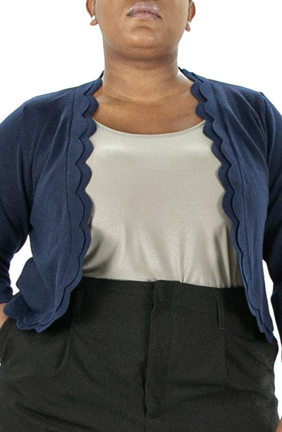 Shop Nina Leonard Scallop Bolero Cardigan In Navy