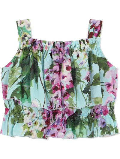 Shop Dolce & Gabbana Sleeveless Painted Floral Blouse In Blue