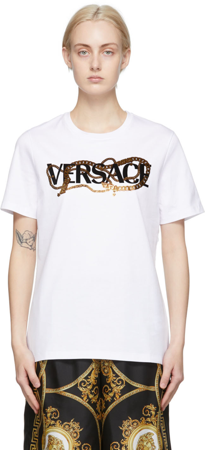 Shop Versace White Logo Chain T-shirt In 2w070 White+multicol