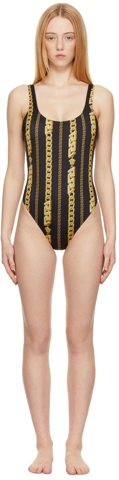 Shop Versace Black & Gold Chain Stripe One-piece Swimsuit In 5b000 Black+gold