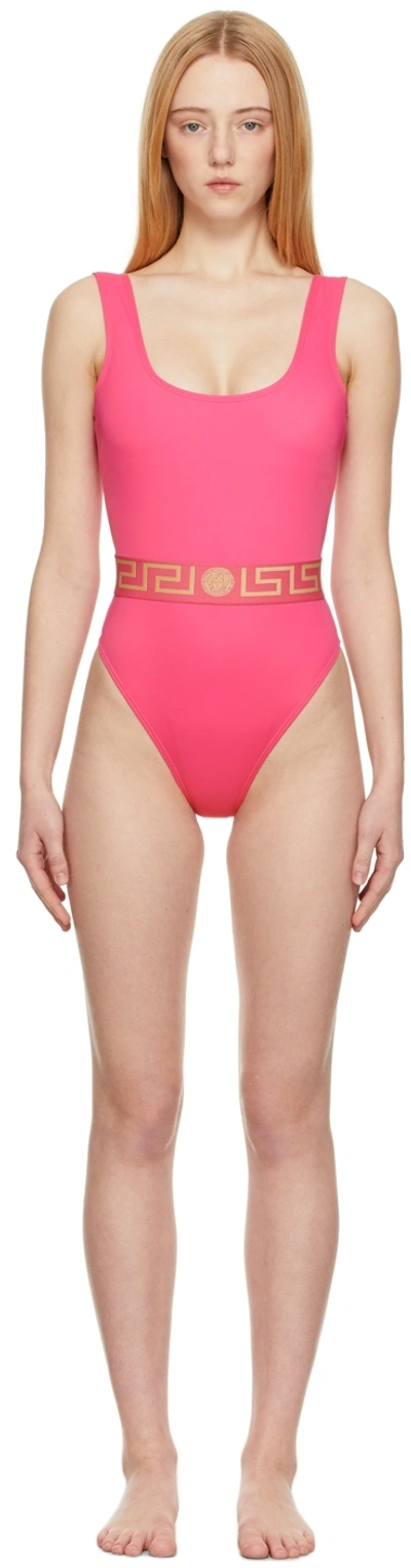 Shop Versace Pink Greca One-piece Swimsuit In 1p580 Fuxia