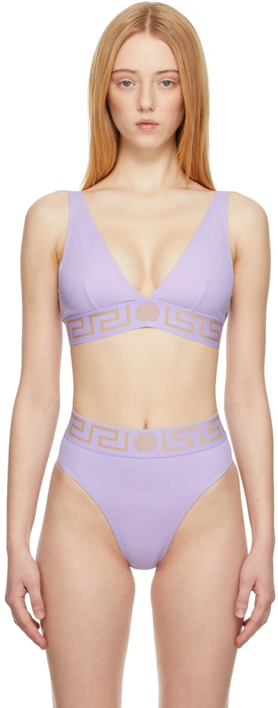 Shop Versace Purple Greca Border Triangle Bikini Top