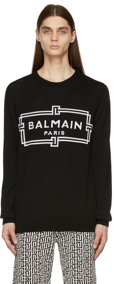 Shop Balmain Black Intarsia Logo Sweater In Eab Noir/blanc