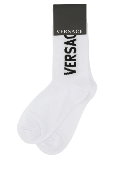 Shop Versace Logo Intarsia Socks In White