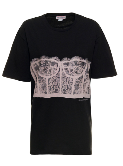 Shop Alexander Mcqueen Black Cotton T-shirt With Corset Print