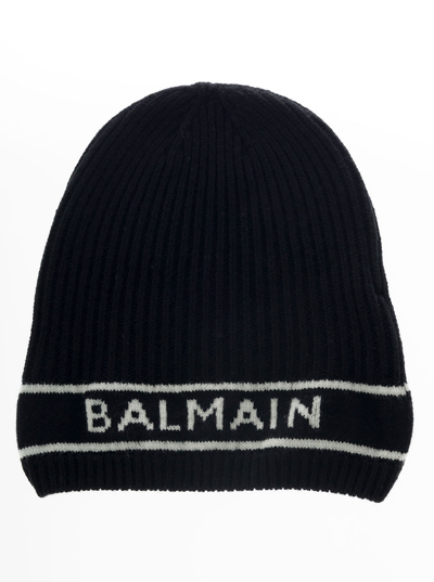 Shop Balmain Black Wool And Cashmere Hat With Logo