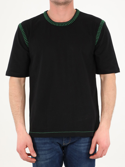 Shop Bottega Veneta Black T-shirt With Contrasting Stitching In Black/green