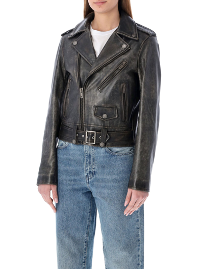 Shop Golden Goose Leather Biker Jacket In Washed Black