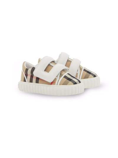 Shop Burberry White And Beige Cotton Sneakers In Check