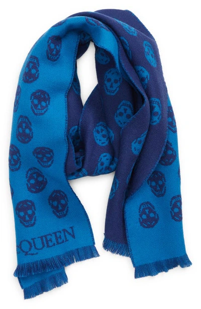 Shop Alexander Mcqueen Skull Wool Reversible Scarf In Blue