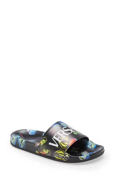 Shop Versace Butterfly Logo Slide Sandal In Black Multicolor