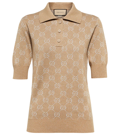 Shop Gucci Lamé Gg Jacquard Polo Shirt In Camel/gold