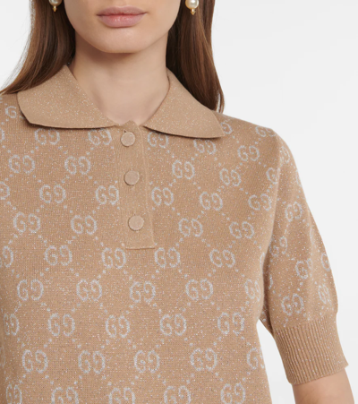 Shop Gucci Lamé Gg Jacquard Polo Shirt In Camel/gold