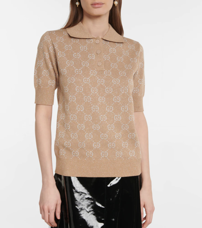 Shop Gucci Lamé Gg Jacquard Polo Shirt In Camel/gold