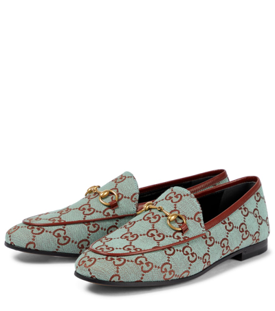 Shop Gucci Jordaan Gg Canvas Loafers In Azure-brown/mine.red