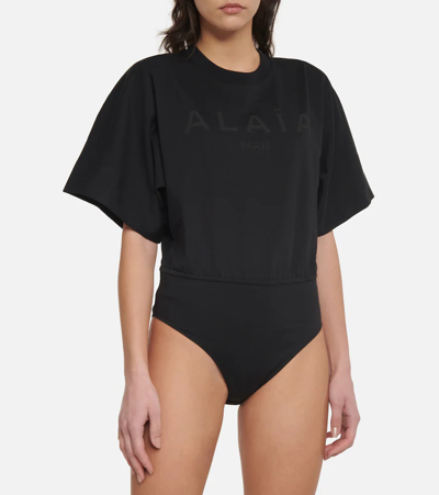Shop Alaïa Logo Jersey Bodysuit In Noir/noir