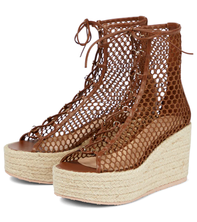 Shop Gianvito Rossi Helena 45 Crochet Espadrille Wedges In Cuoio+cuoio