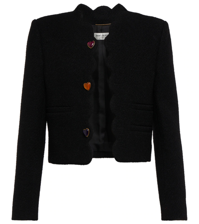 Shop Saint Laurent Cropped Bouclé Jacket In Noir