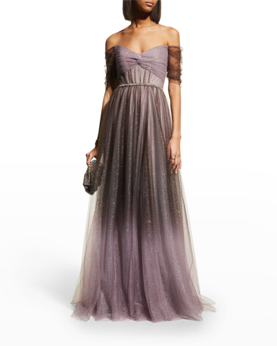 Shop Jenny Packham Penelope Off-the-shoulder Ombre Tulle Gown In Lavender Grey