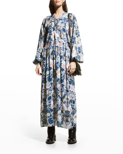 Shop See By Chloé Blouson-sleeve Lace-up Dress In Multicolor Blue 1