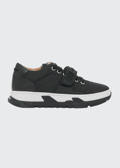 Shop Burberry Kid's Union Strap Solid Trainers In Black