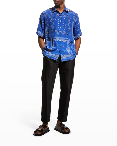 Shop Etro Men's Silk Bandana Short-sleeve Shirt In Navy