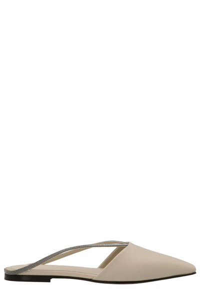 Shop Brunello Cucinelli Embellished Pointed Toe Mules In Beige